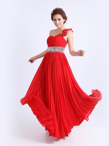Beauteous One Shoulder Sleeveless Chiffon Floor Length Zipper Prom Party Dress in Red for with Beading and Ruching and Pleated