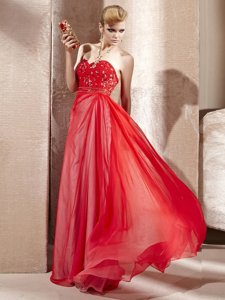 Floor Length Coral Red Prom Evening Gown Chiffon Sleeveless Beading