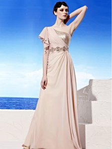 Chiffon One Shoulder Sleeveless Side Zipper Sequins and Ruching in Peach