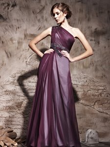 Trendy One Shoulder Sleeveless Floor Length Beading and Ruching Side Zipper Homecoming Dress with Purple