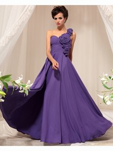 Trendy One Shoulder Purple Sleeveless Floor Length Hand Made Flower Side Zipper Homecoming Dress