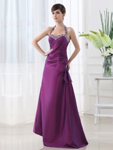 Hot Sale Purple Halter Top Lace Up Beading and Ruching Homecoming Dress Sleeveless
