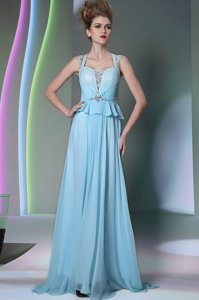 Scoop Floor Length Column/Sheath Sleeveless Light Blue Prom Party Dress Zipper