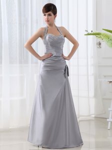 Shining Halter Top Grey Satin Lace Up Prom Evening Gown Sleeveless Floor Length Beading and Ruching