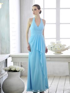 Dramatic Column/Sheath Prom Gown Baby Blue Halter Top Chiffon Sleeveless Ankle Length Lace Up