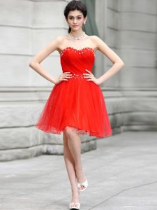 Coral Red Chiffon Zipper Sweetheart Sleeveless Knee Length Homecoming Dress Beading