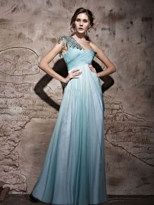 Popular One Shoulder Light Blue Empire Beading and Ruching Prom Dress Side Zipper Chiffon Sleeveless Floor Length