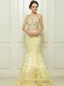 Mermaid Light Yellow Sleeveless Tulle Brush Train Side Zipper Evening Dress for Prom and Party