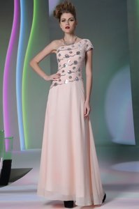 Elegant One Shoulder Cap Sleeves Homecoming Dress Floor Length Beading and Appliques Baby Pink Chiffon