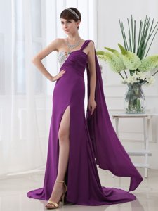 Shining One Shoulder Beading and Sashes|ribbons Prom Dress Purple Zipper Sleeveless With Brush Train