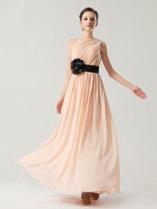 Luxurious One Shoulder Sleeveless Chiffon Ankle Length Side Zipper Prom Party Dress in Peach for with Belt