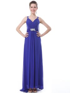 Fitting Sleeveless With Train Beading and Ruching Side Zipper Prom Dresses with Blue Brush Train