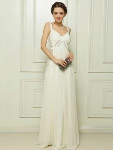 Attractive White Column/Sheath Chiffon Spaghetti Straps Sleeveless Ruching Floor Length Zipper Prom Party Dress