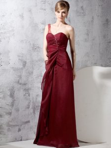 Amazing One Shoulder Sleeveless Evening Dress Floor Length Beading and Ruching Burgundy Chiffon