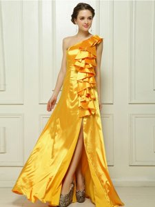 Top Selling One Shoulder Ruffles Dress for Prom Gold Zipper Sleeveless With Brush Train