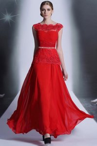 Enchanting Scalloped Sleeveless Floor Length Beading and Lace Side Zipper with Red