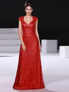 Nice Sleeveless Floor Length Sequins Zipper Dress for Prom with Red
