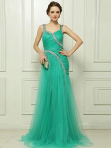 Charming Turquoise Organza Side Zipper Prom Dress Sleeveless With Brush Train Beading and Ruching