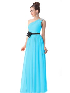 Elegant Blue Column/Sheath One Shoulder Sleeveless Chiffon Floor Length Side Zipper Beading and Ruching and Belt Prom Dresses