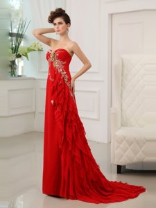 Red Homecoming Dress Prom and Party and For with Beading and Appliques and Ruffled Layers Sweetheart Sleeveless Brush Train Zipper