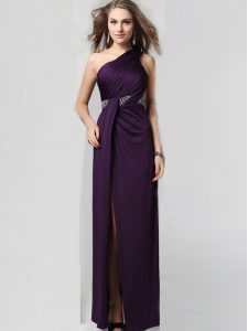 One Shoulder Purple Column/Sheath Beading Dress for Prom Criss Cross Elastic Woven Satin Sleeveless Floor Length