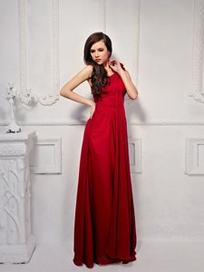 Dramatic One Shoulder Floor Length Side Zipper Wine Red and In for Prom and Party with Ruching and Hand Made Flower