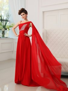 Chiffon One Shoulder Sleeveless Court Train Zipper Beading and Ruching Prom Dress in Red