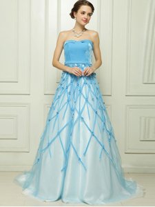 Baby Blue Tulle Zipper Prom Dress Sleeveless Floor Length Appliques