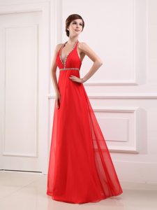 Custom Made Halter Top Coral Red Sleeveless Beading Floor Length Prom Dresses