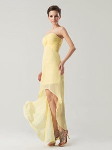 Sexy Light Yellow Zipper Dress for Prom Ruching Sleeveless High Low