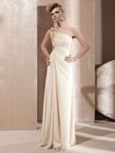 Glorious One Shoulder Sleeveless Chiffon Floor Length Side Zipper Prom Party Dress in Champagne for with Beading