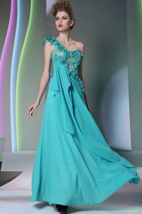 One Shoulder Sleeveless Chiffon Floor Length Side Zipper in Teal for with Lace and Hand Made Flower