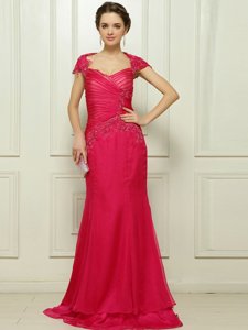 Sexy Hot Pink Backless V-neck Beading Prom Gown Chiffon Cap Sleeves Sweep Train