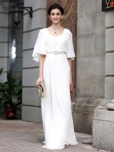 White Half Sleeves Beading Floor Length