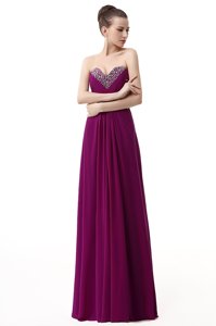 Affordable Sweetheart Sleeveless Homecoming Dress Floor Length Beading and Ruching Purple Chiffon