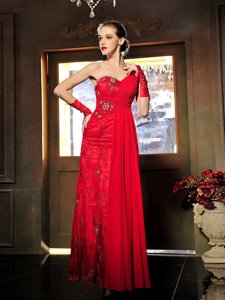 Floor Length Red Prom Dress Satin Sleeveless Beading and Ruching