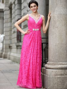 Deluxe Column/Sheath Prom Party Dress Hot Pink V-neck Lace Sleeveless Floor Length Zipper