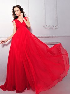Most Popular Floor Length Coral Red Prom Evening Gown Chiffon Sleeveless Lace