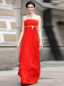 Coral Red Zipper Strapless Beading and Ruching Prom Dress Chiffon Sleeveless