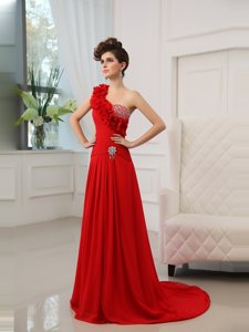 Fitting Court Train Column/Sheath Prom Evening Gown Red One Shoulder Satin Sleeveless With Train Zipper