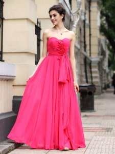 Hot Pink Sleeveless Floor Length Sashes|ribbons and Ruching and Hand Made Flower Zipper Prom Party Dress