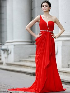 Amazing With Train Red Dress for Prom One Shoulder Sleeveless Brush Train Zipper