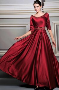 Custom Design Red Satin Zipper Prom Dresses Half Sleeves Brush Train Beading and Belt
