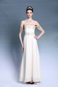 Romantic Off the Shoulder White Short Sleeves Floor Length Appliques Zipper Homecoming Dress