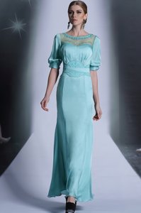 Most Popular Aqua Blue Chiffon Zipper Dress for Prom Half Sleeves Floor Length Sequins and Pleated