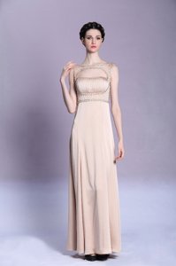 Peach Bateau Backless Beading and Ruching Prom Evening Gown Sleeveless