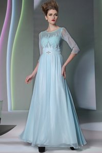 High Class Scoop Half Sleeves Prom Gown Ankle Length Beading Light Blue Chiffon