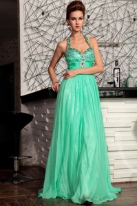Excellent Turquoise Empire Halter Top Sleeveless Chiffon Sweep Train Zipper Beading Prom Dresses