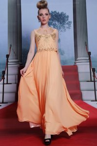 Romantic Floor Length Orange Chiffon Sleeveless Beading and Appliques