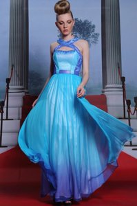 Scoop Floor Length Blue Homecoming Dress Chiffon Sleeveless Beading and Belt